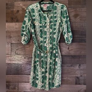 Yoana Baraschi Green and White Cuffed Sleeve Shirt Dress